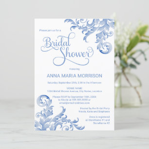 Soft Royal Blue Watercolor Flourish Bridal Shower Invitation