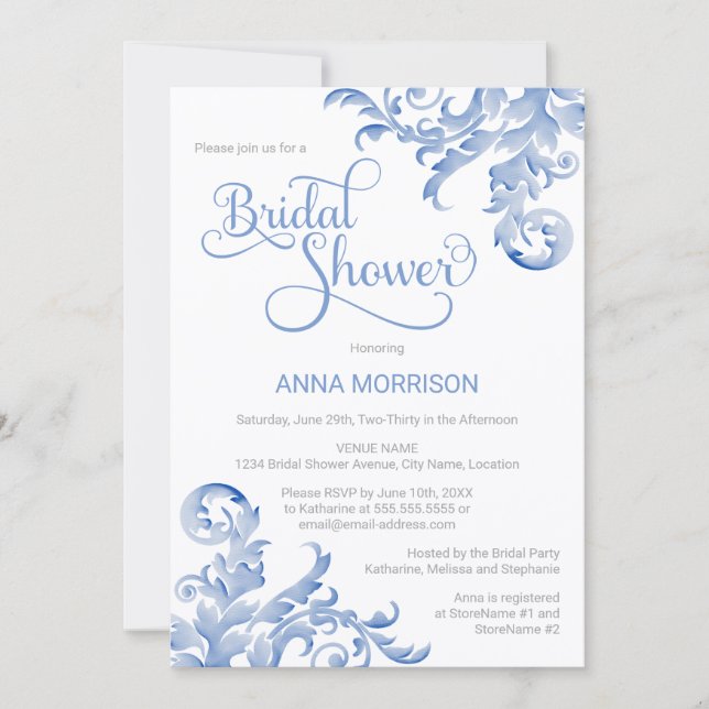 Soft Royal Blue Watercolor Flourish Bridal Shower Invitation (Front)