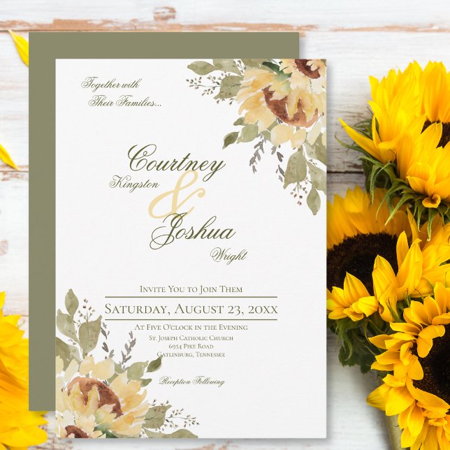 Soft Rustic Large Green Sunflowers Wedding Invitation (Creator Uploaded)