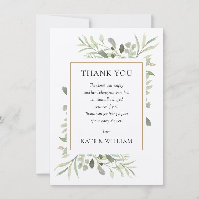 Soft Rustic Leaves Greenery Baby Shower Poem Thank You Card (Front)