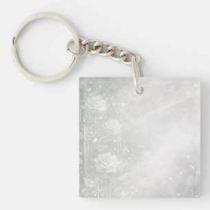 Soft sage and frosted white florals AI art Key Ring