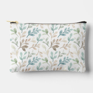 Soft Sage and Ochre Watercolor Leaves Pattern Accessory Pouch