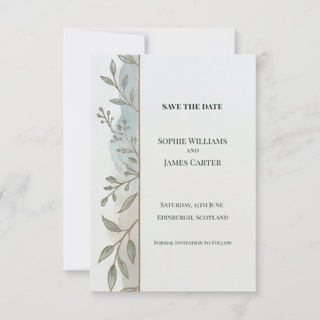 Soft Sage Botanical Save The Date Card (Front)