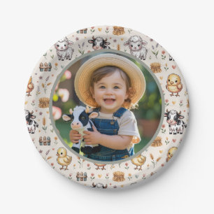 Soft Sage Farm Animals Kids Birthday Photo Paper Plate