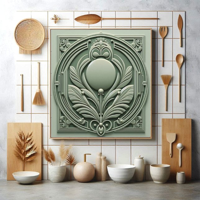 Soft Sage Green Art Deco Symmetric Botanical Motif Tile (Soft Sage Green Art Deco Symmetric Botanical Motif Ceramic Tile)