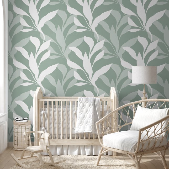 Soft Sage Green Botanical Foliage in Grace Wallpaper (Kids)