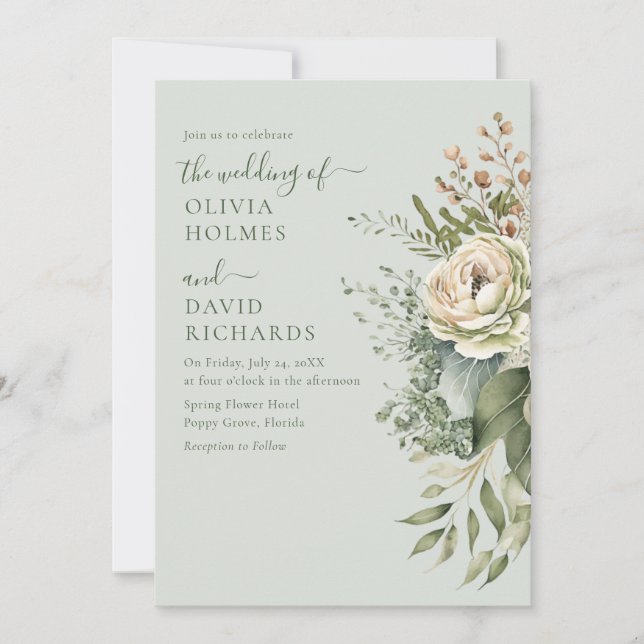 Soft Sage Green Botanical Minimal Wedding Invitation (Front)