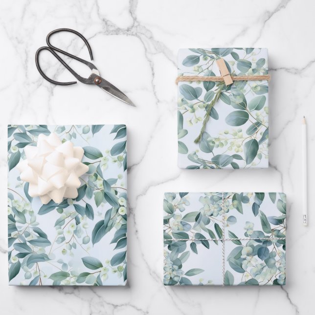 Soft Sage Green Eucalyptus Watercolour-style Wrapping Paper Sheet (Front)
