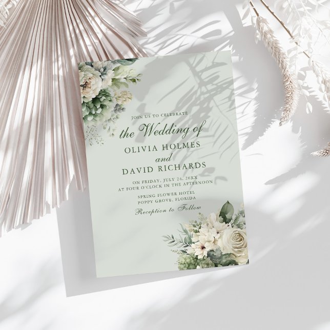 Soft Sage Green Floral Elegant Wedding Invitation (Soft Sage Green Floral Elegant Wedding Invitation on a sunny table with white dry botanicals)