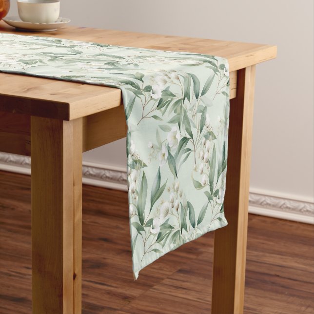 Soft Sage Green Floral Eucalyptus Short Table Runner (In Situ)