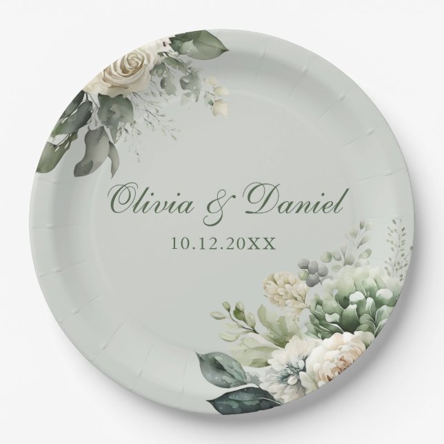 Soft Sage Green Floral Paper Plate (Front)