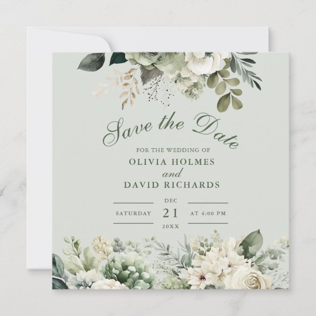 Soft Sage Green Floral Save The Date Card (Front)