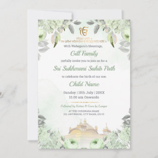 Soft Sage Green Floral Sukhmani Sahib Path Invite