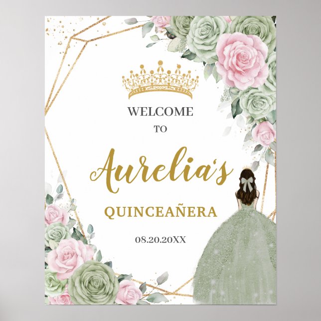 Soft Sage Green Pink Floral Quinceañera Welcome Poster (Front)