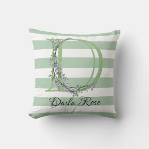 Soft sage green white strips letter D Cushion