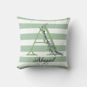 Soft sage green white strips monogram cushion