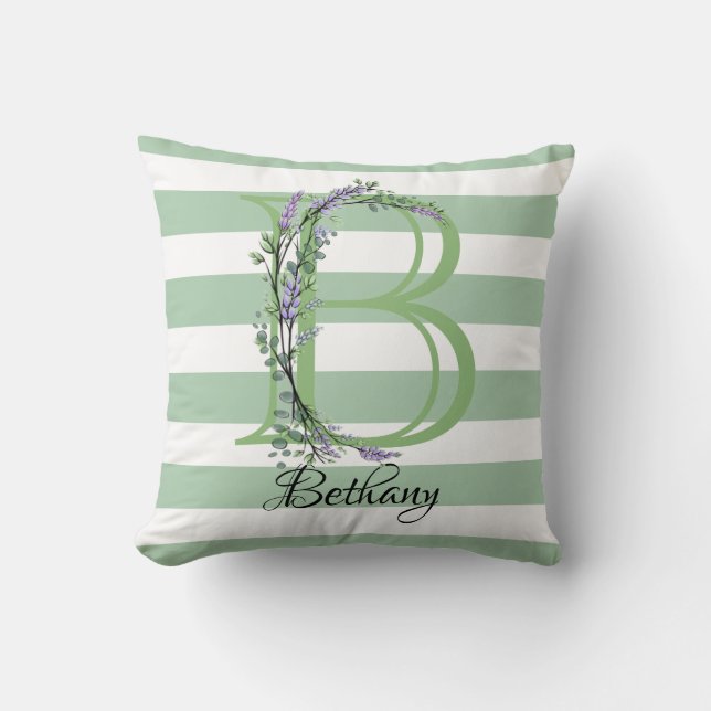 Soft sage green white strips monogram cushion (Front)