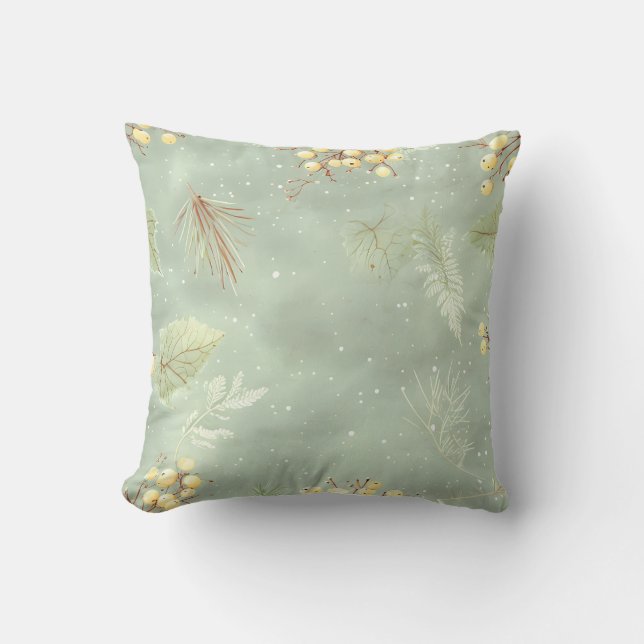 Soft Sage Green Winter Botanical Throw Pillow (Front)