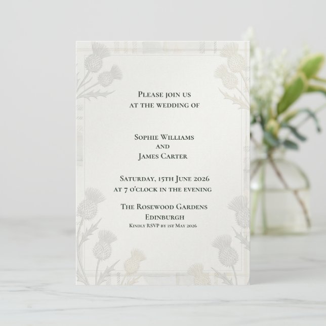 Soft Sage Grey Botanical Thistle Border Scottish W Invitation (Standing Front)