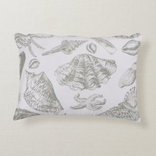 Soft Sage Grey Seashell Sketch Antique Nature Decorative Cushion