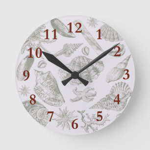 Soft Sage Grey Seashell Sketch Antique Nature Round Clock