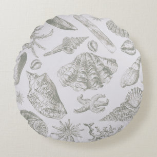 Soft Sage Grey Seashell Sketch Antique Nature Round Cushion