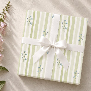 Soft Sage Stripe & Blue Wildflower Cottage Wrapping Paper