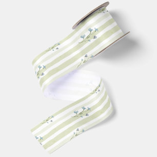 Soft Sage Stripe & Blue Wildflower Watercolor  Satin Ribbon