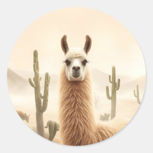 Soft Sand Llama with Cactus Flow Classic Round Sticker