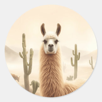 Soft Sand Llama with Cactus Flow Classic Round Sticker