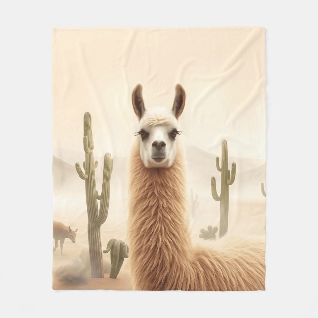 Soft Sand Llama with Cactus Flow Fleece Blanket (Front)