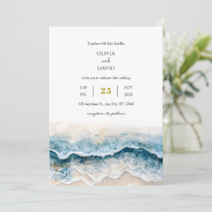 Soft Sandy Beach Blue Waves Watercolor Art Wedding Invitation