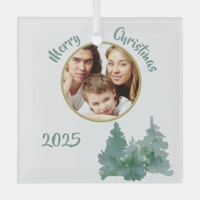 Soft Sea Green Photo Christmas Card Glass Tree Decoration (Front)