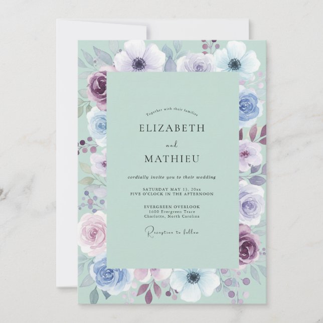 Soft Seafoam Amethyst Anemone Wedding Invitation (Front)