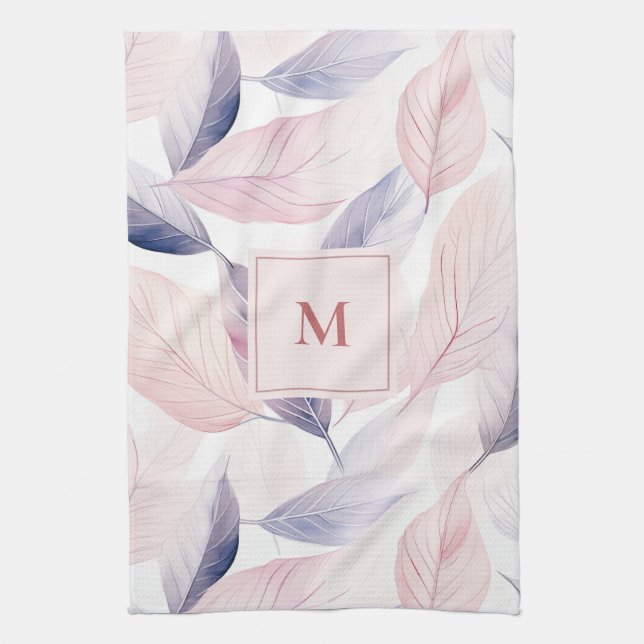 Soft Serenity Watercolor Leaves Custom Monogram Tea Towel (Vertical)