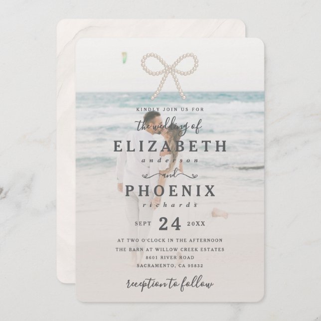 Soft Simple Pearl Bow Custom Photo Elegant Wedding Invitation (Front/Back)