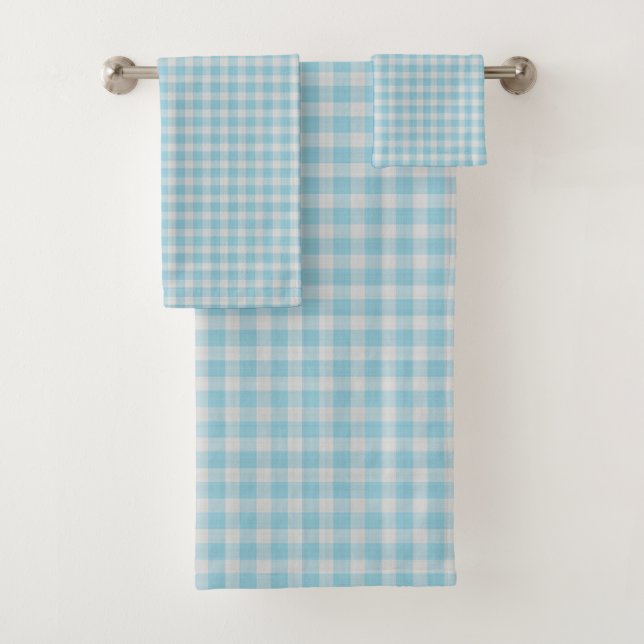 Soft Sky Blue Gingham Check Pattern Bath Towel Set (Insitu)
