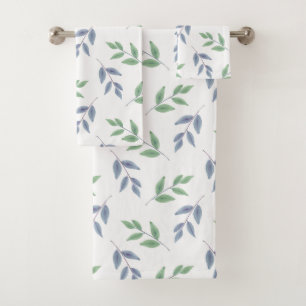 Soft Slate Blue Green Leaves Watercolor Pattern Bath Towel Set
