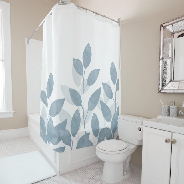 Soft Slate Watercolor Leaves Shower Curtain (In Situ)