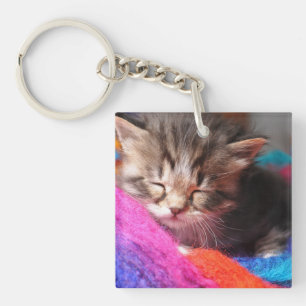 Soft Sleepy Newborn Kitten Phototgraph Key Ring