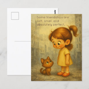 Soft & Small Friendships – Cute Girl and Cat Postcard