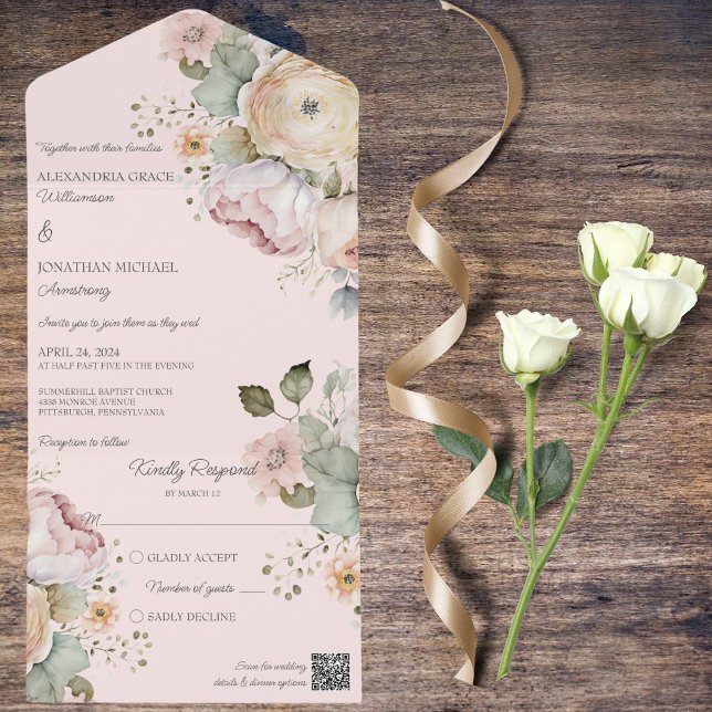 Soft Spring Colours Floral All In One Invitation (Also available without QR code. )