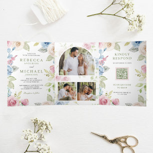 Soft Spring Floral All in One QR Code Wedding Tri-Fold Invitation