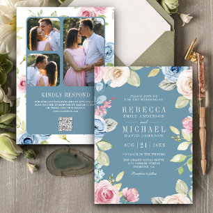 Soft Spring Floral Dusty Blue QR Code Wedding Invitation