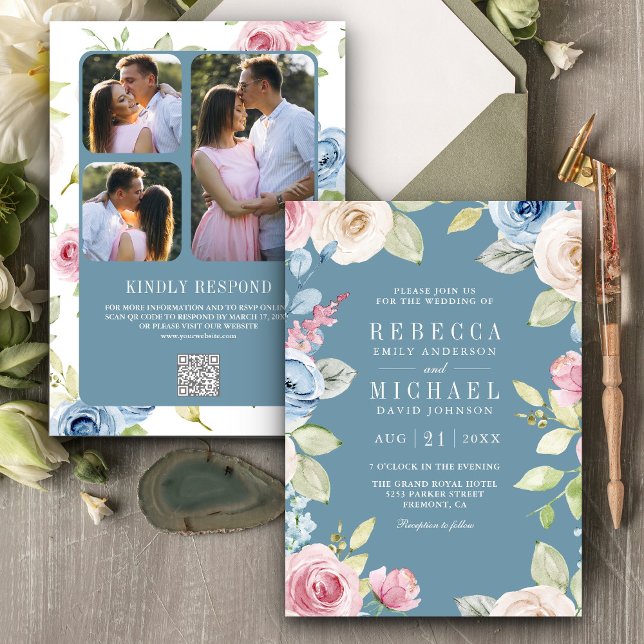 Soft Spring Floral Dusty Blue QR Code Wedding Invitation (Creator Uploaded)