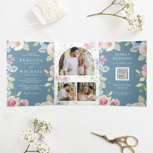 Soft Spring Floral Dusty Blue QR Code Wedding Tri-Fold Invitation