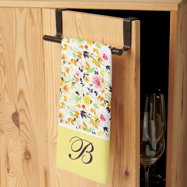 Soft spring floral monogram kitchen towel (Thirds Fold)