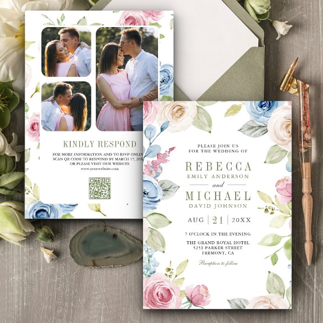 Soft Spring Floral Photo Collage QR Code Wedding Invitation (Creator Uploaded)
