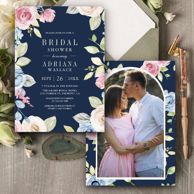 Soft Spring Floral Photo Navy Blue Bridal Shower Invitation (Creator Uploaded)
