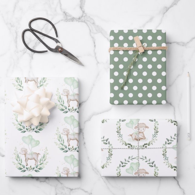 Soft Spring Lamb Pastel Greenery Eucalyptus Wreath Wrapping Paper Sheet (Front)